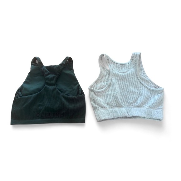 Aerie Offline Sports Bra Set 2 Gray Coffee Run Dark Green Seamless Waffle Small - Picture 2 of 12